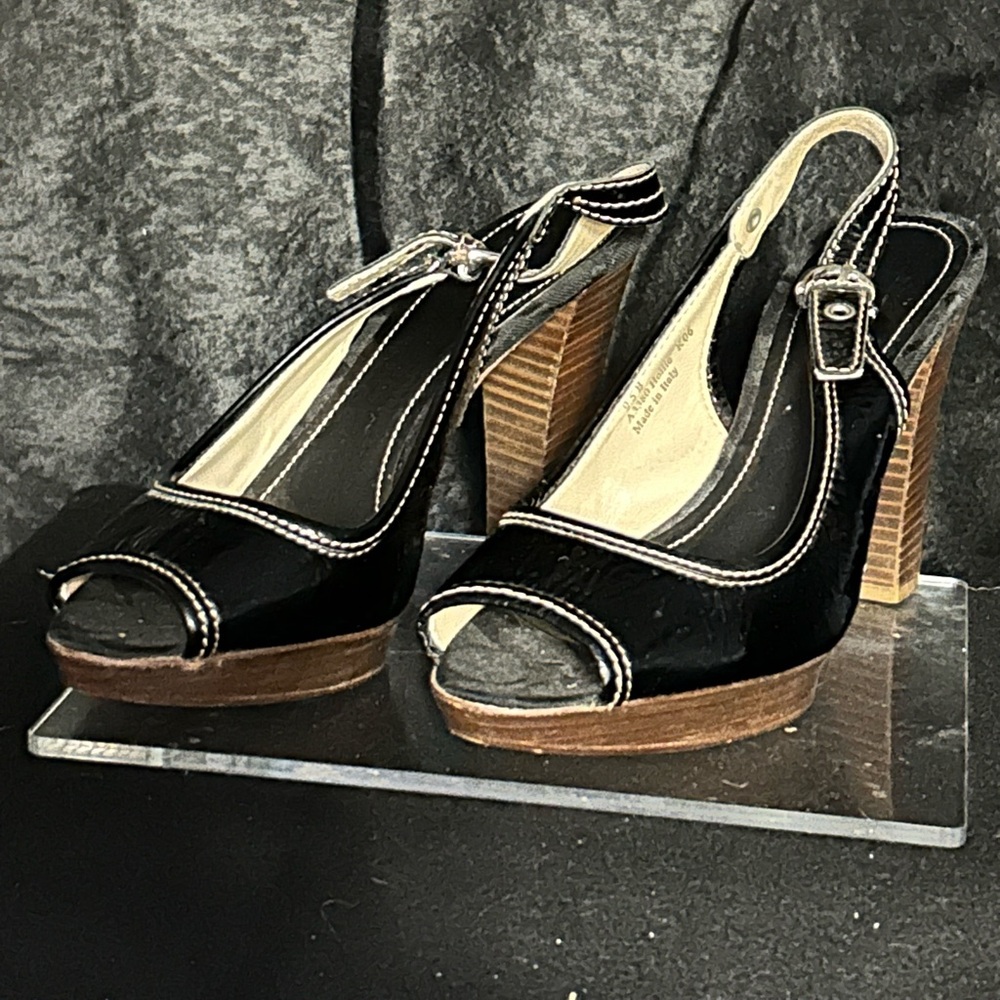 Coach Black Leather “Hollie” slingback platform pumps w/ stacked wooden heel.